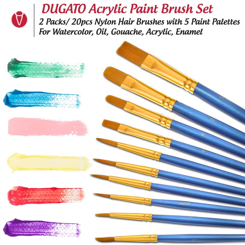 DUGATO Artist Paint Brush & Palette Set - 20 Nylon Brushes (Assorted Sizes & Shapes) with 5 Mixing Trays - Ideal for Acrylic, Watercolor, Oil & Gouache Painting - Image 2